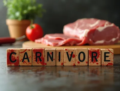 Wooden Blocks Spelling Carnivore With Raw Meat Background
