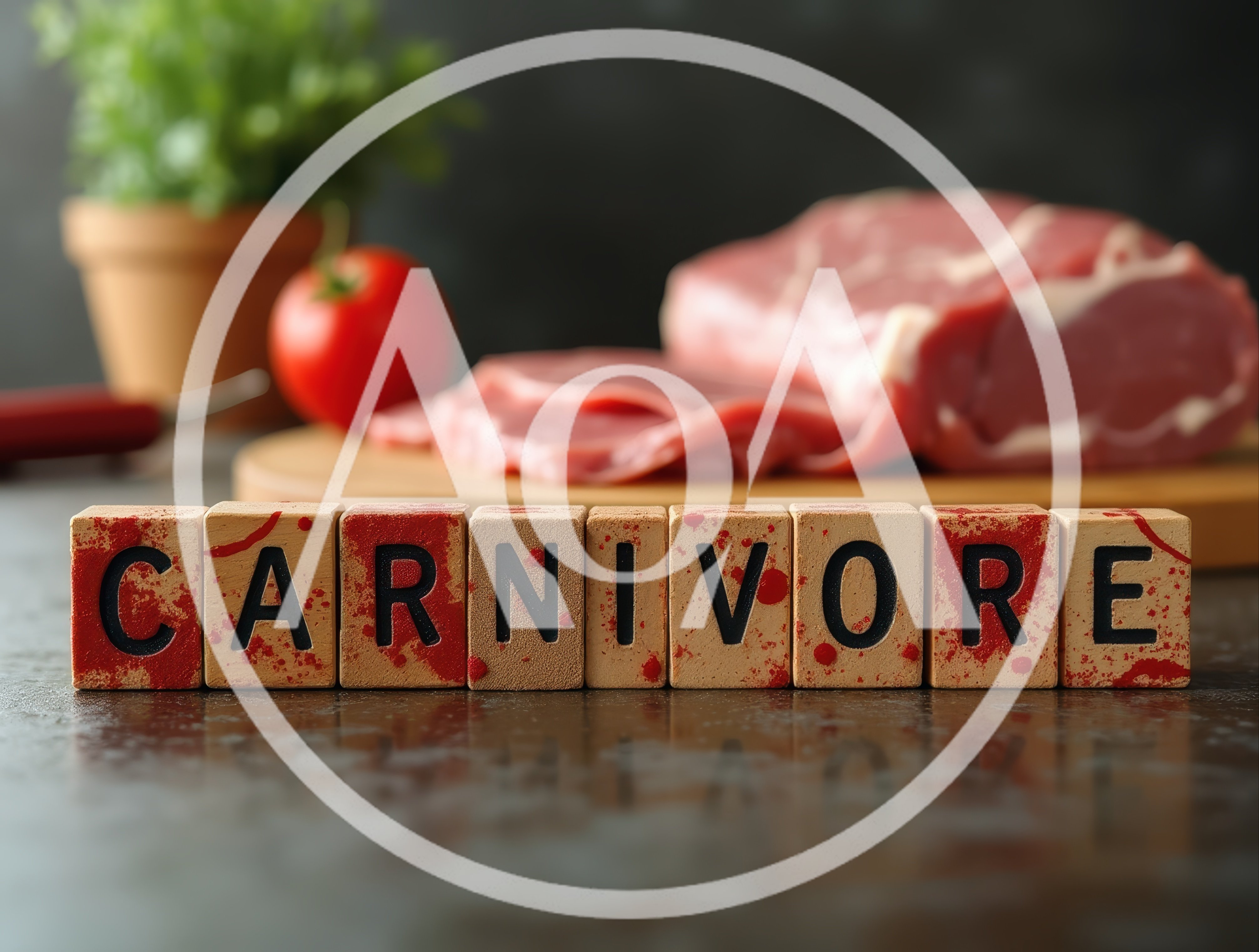 Wooden Blocks Spelling Carnivore With Raw Meat Background