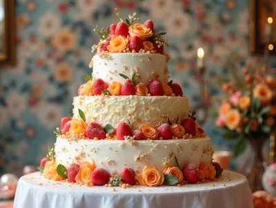 Three Tier Wedding Cake Decorated With Strawberries And Roses