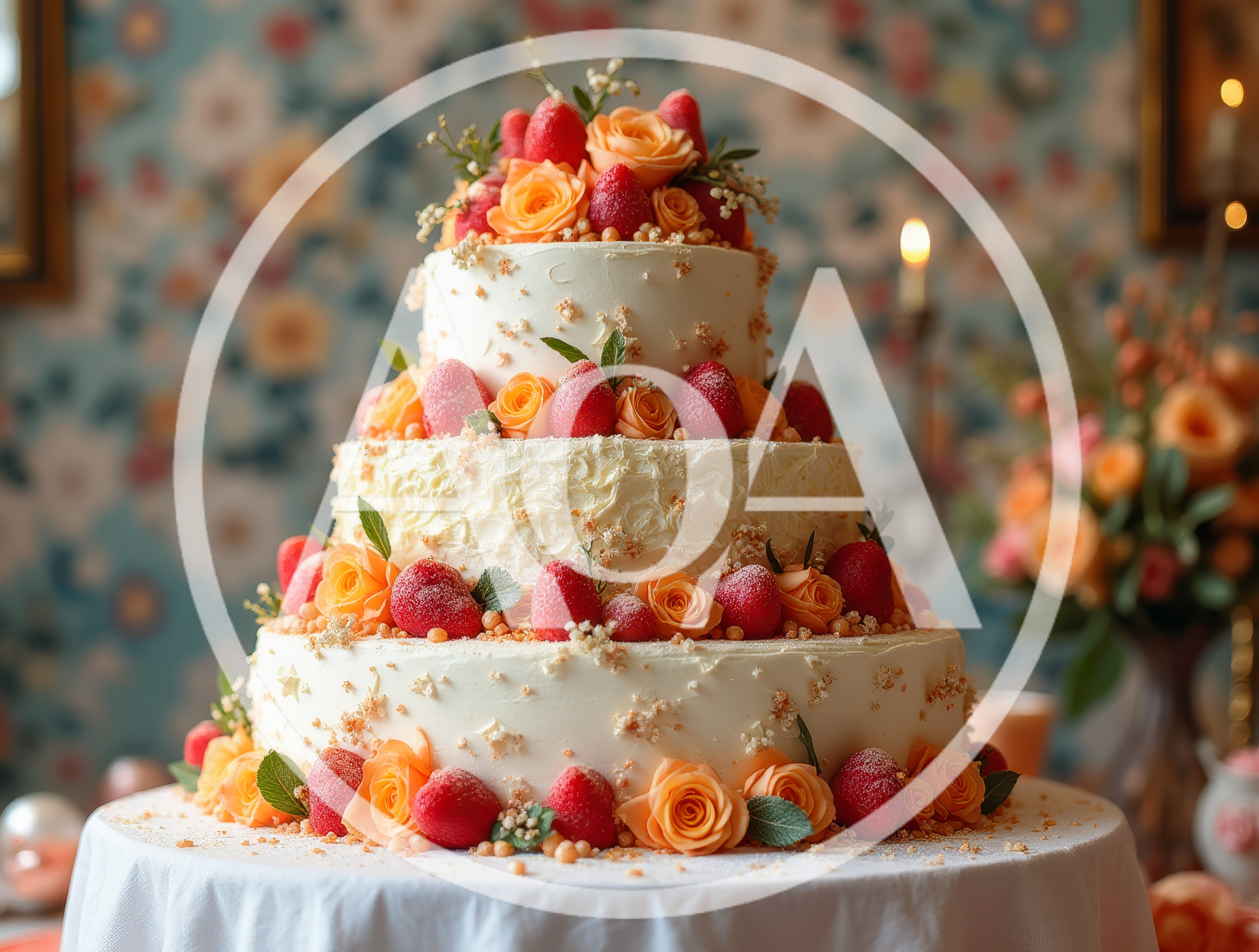 Three Tier Wedding Cake Decorated With Strawberries And Roses