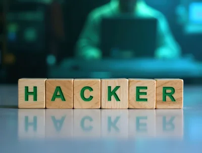 Wooden Blocks Spelling Hacker With Cyber Security Background