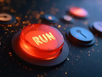 Glowing Red Run Button On A Dark Control Panel