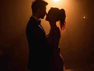 Romantic Silhouette Of A Couple Dancing In Warm Light
