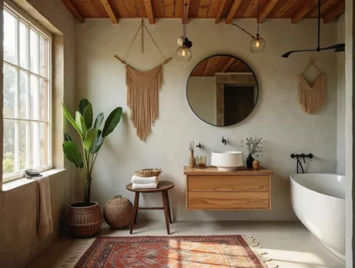 Modern Bohemian Bathroom Interior With Wooden Vanity