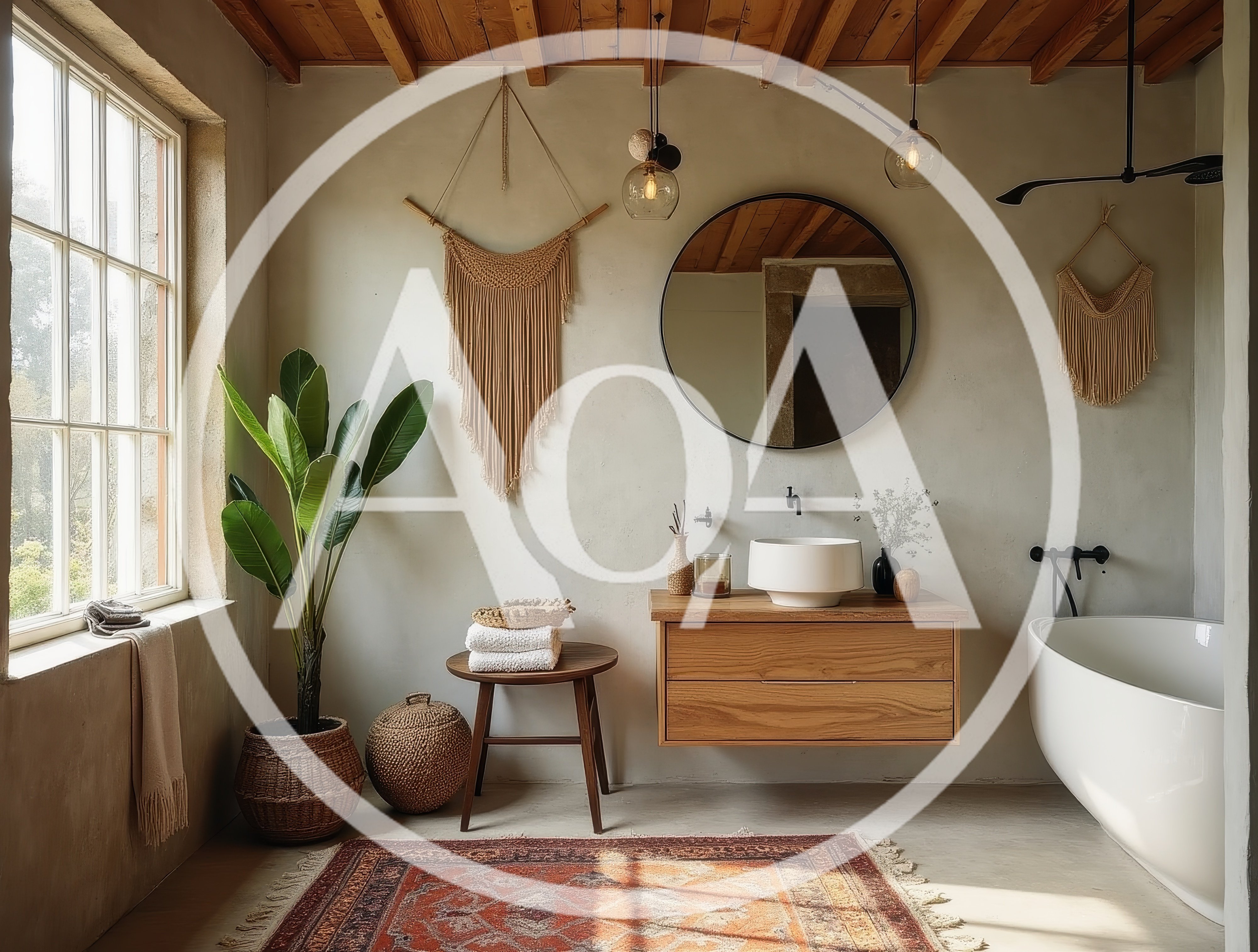 Modern Bohemian Bathroom Interior With Wooden Vanity