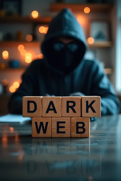 Hacker Sitting Behind Dark Web Wooden Blocks