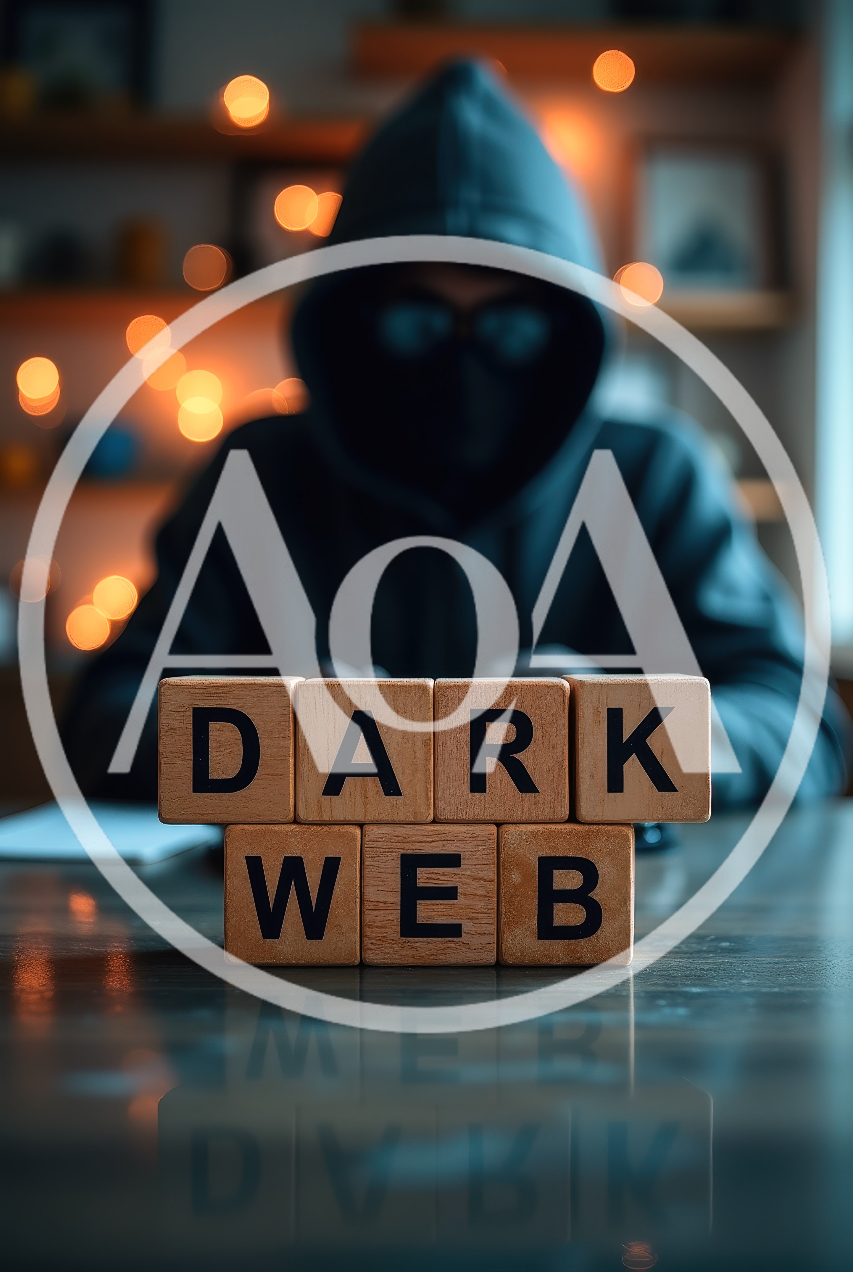 Hacker Sitting Behind Dark Web Wooden Blocks