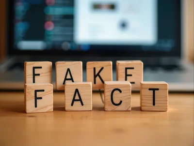 Wooden Blocks Spelling Fake Fact On Office Desk