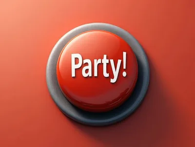 Red Party Button With White Text On Solid Background