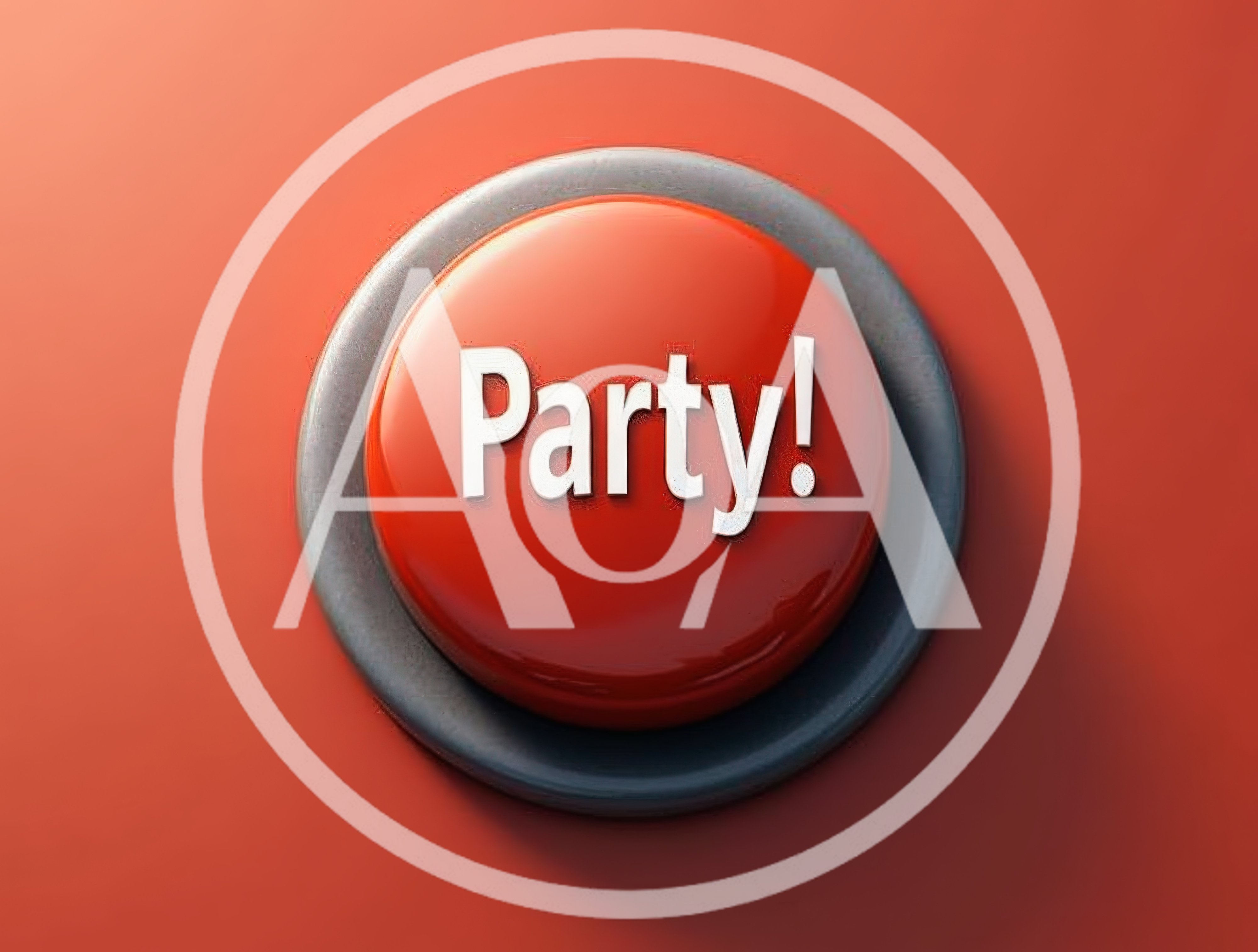 Red Party Button With White Text On Solid Background