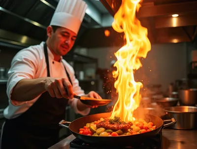Professional Chef Flambeing Vegetables and Meat in Kitchen
