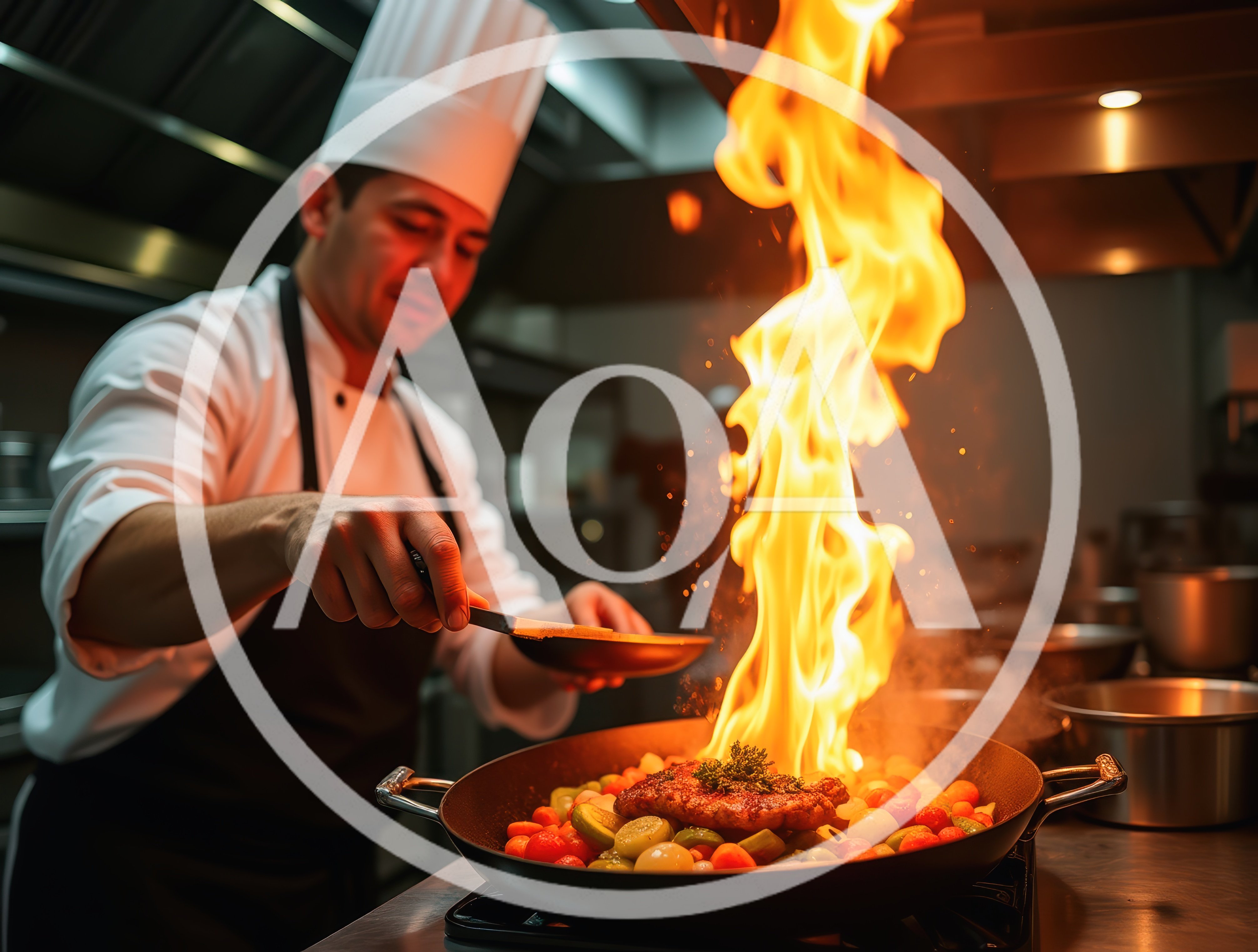 Professional Chef Flambeing Vegetables and Meat in Kitchen