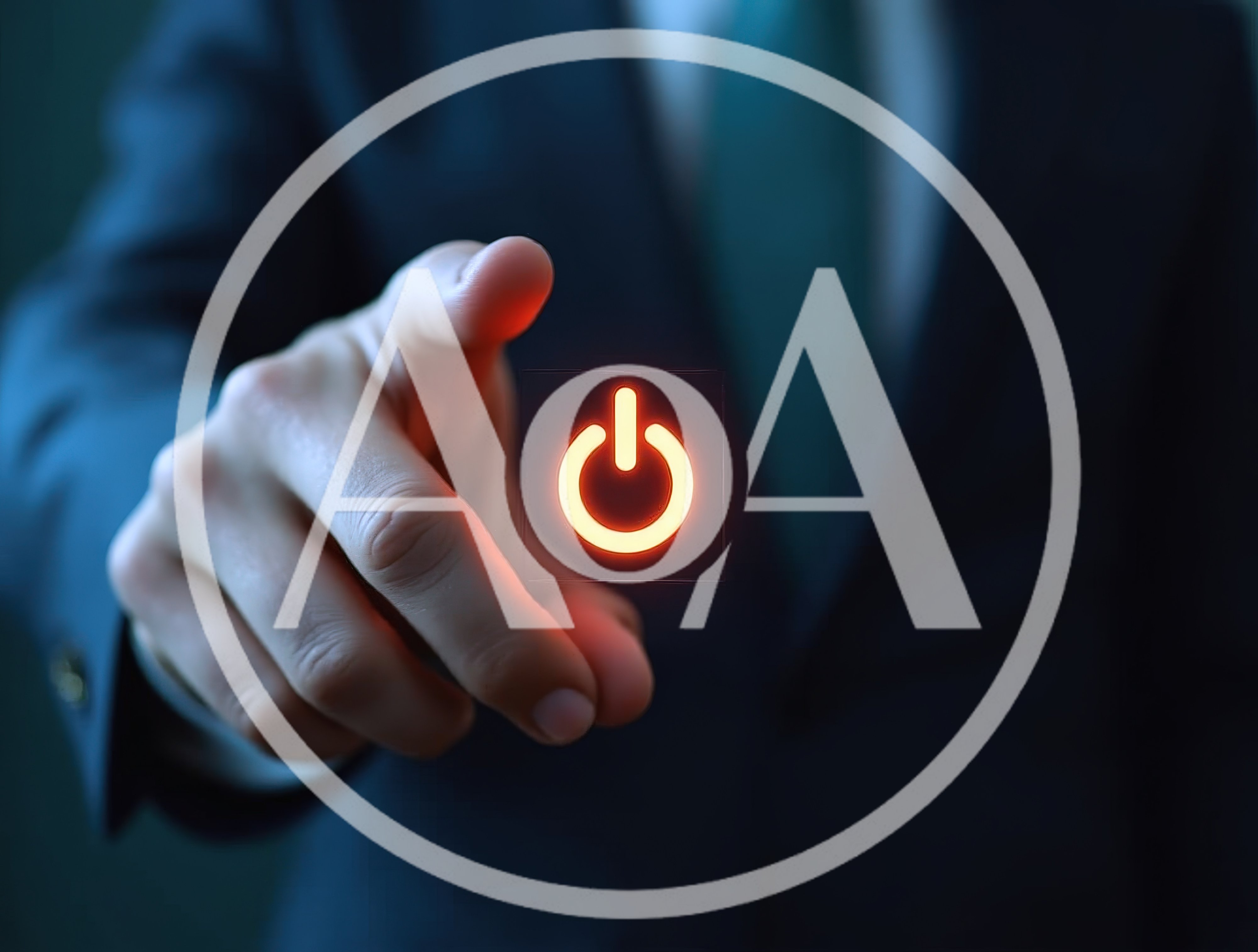 Businessman Touching Glowing Digital Power Button Icon