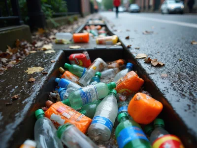 Plastic Bottles And Trash Littering A City Street Gutter