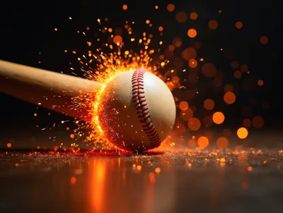 Baseball Bat Striking Ball With Fiery Sparks