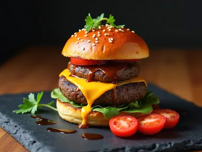 Double Cheeseburger With Melted Cheese On Slate Plate