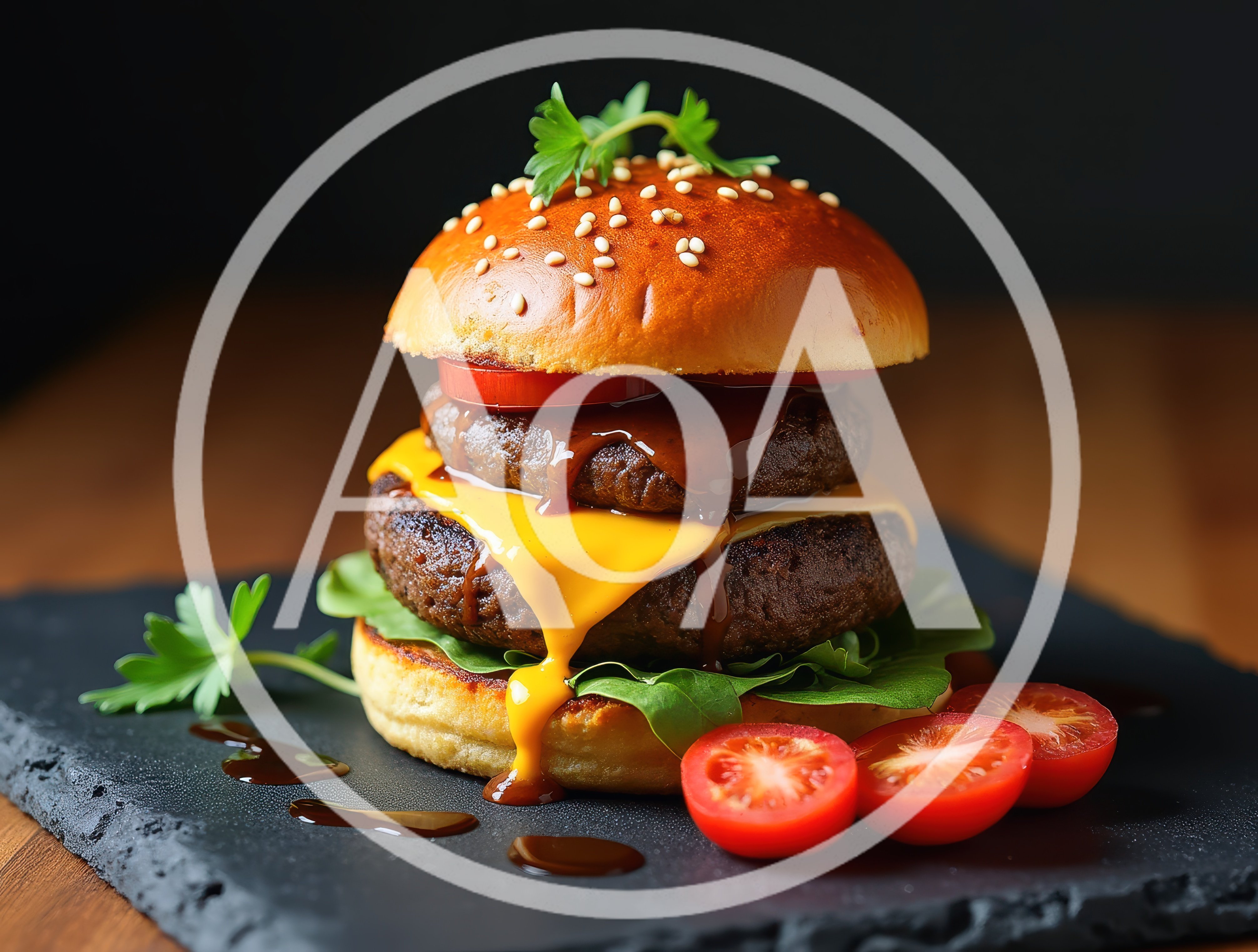 Double Cheeseburger With Melted Cheese On Slate Plate