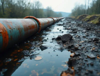 Industrial Pipeline Running Through Muddy Rural Landscape