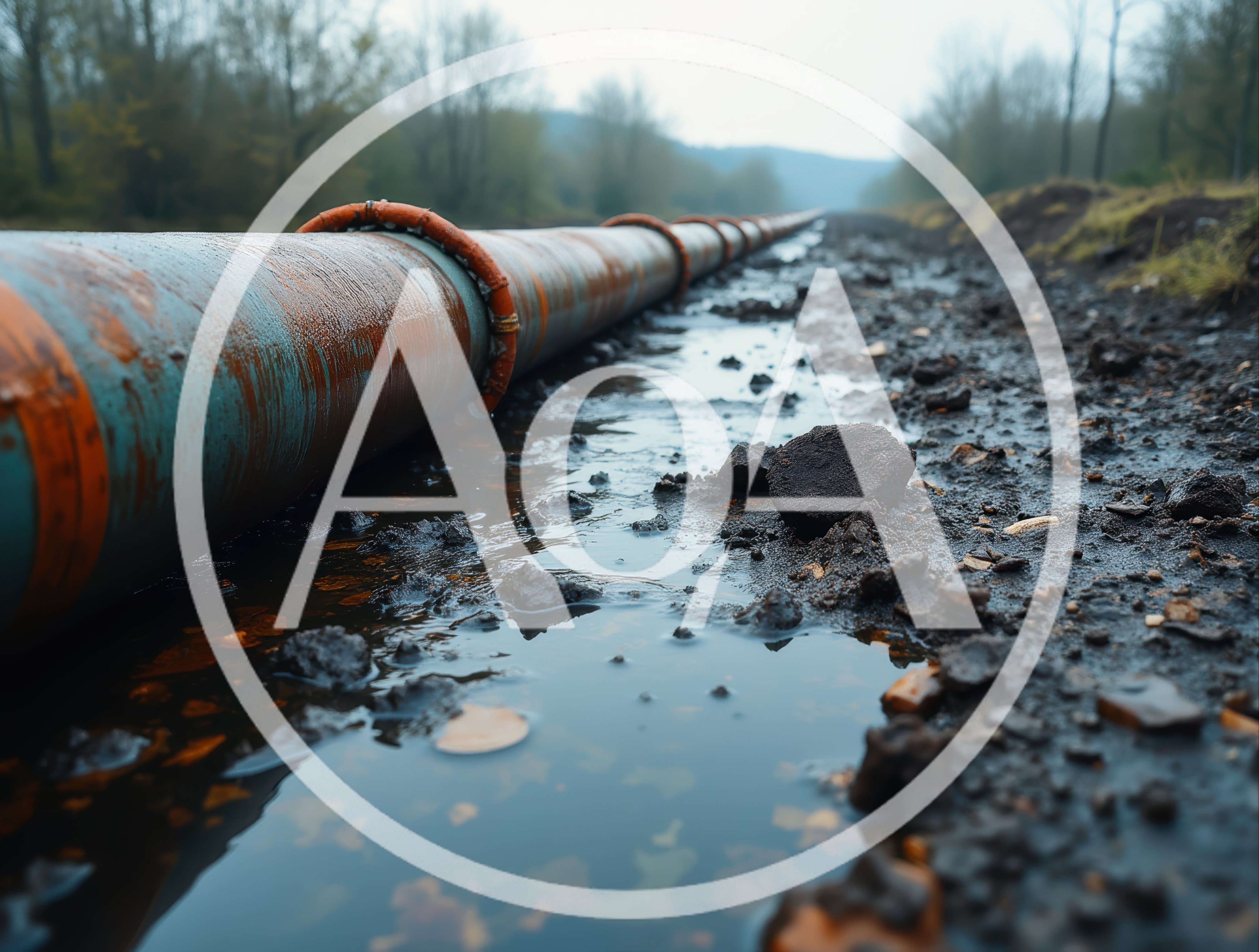 Industrial Pipeline Running Through Muddy Rural Landscape