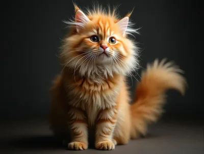 Fluffy Orange Tabby Kitten Sitting Against Dark Background