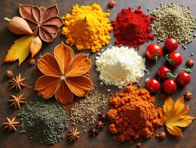 Assorted Spices and Fresh Ingredients on Rustic Surface