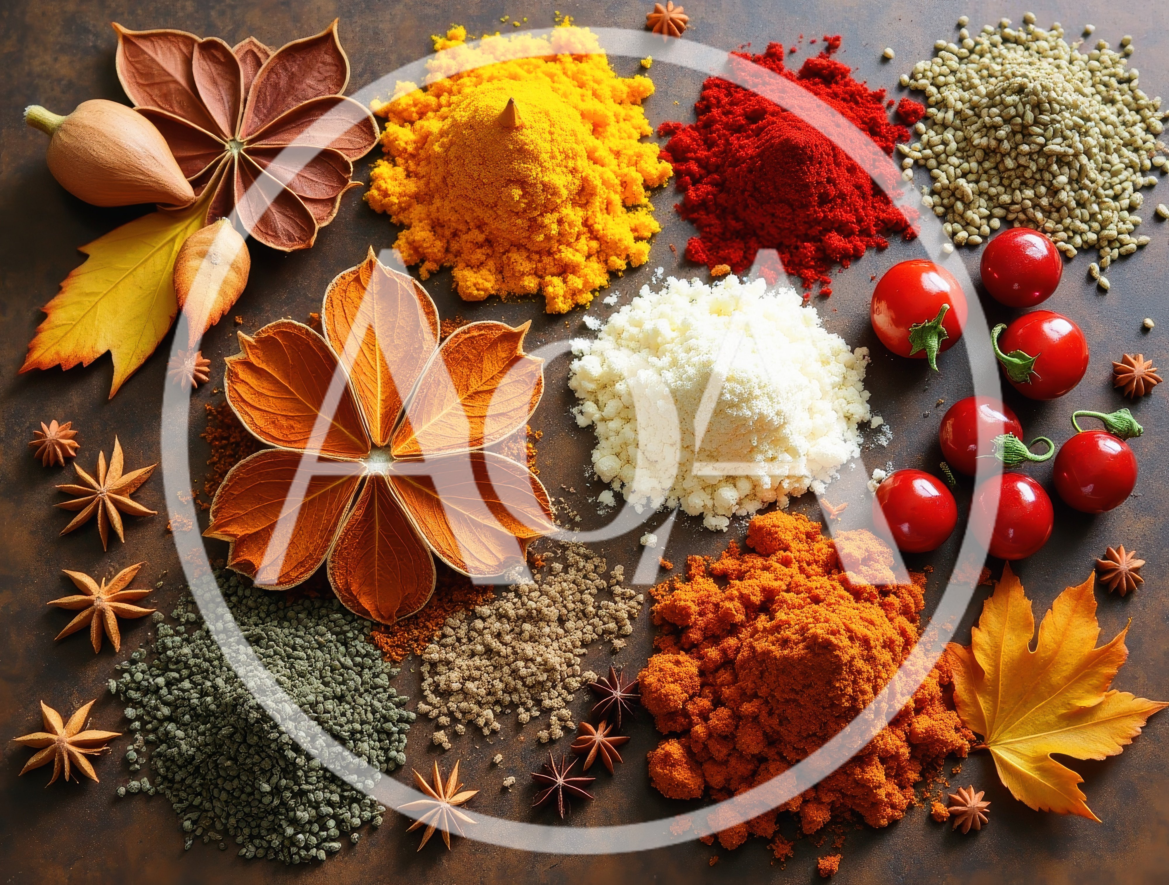 Assorted Spices and Fresh Ingredients on Rustic Surface