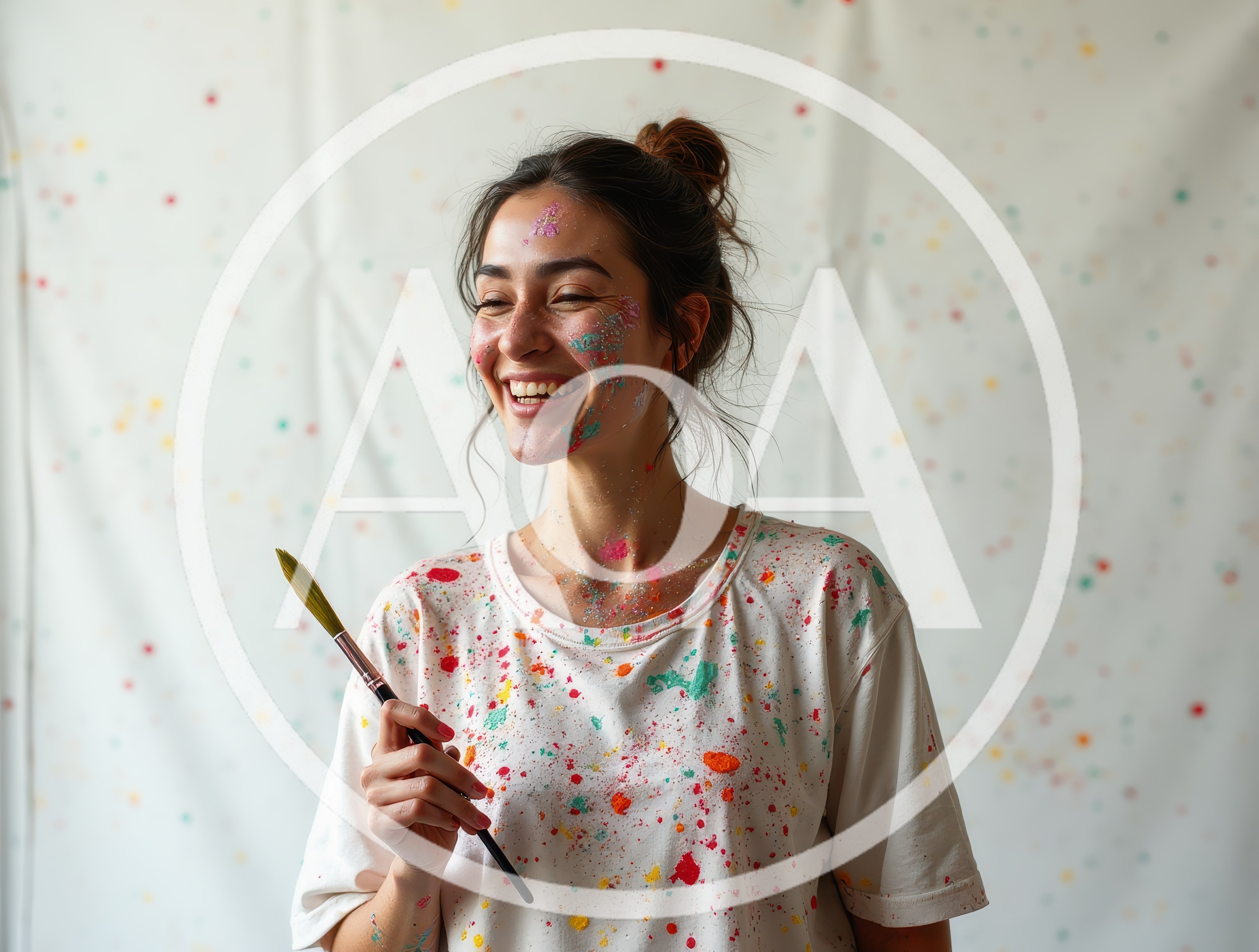 Happy Young Woman Covered In Colorful Paint Splatters