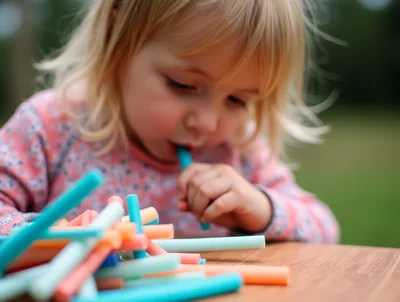 Toddler Girl Chewing On Colorful Chalk Sticks