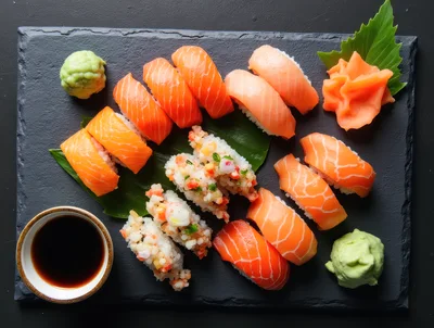 Assorted Salmon Nigiri and Sushi Rolls on Slate