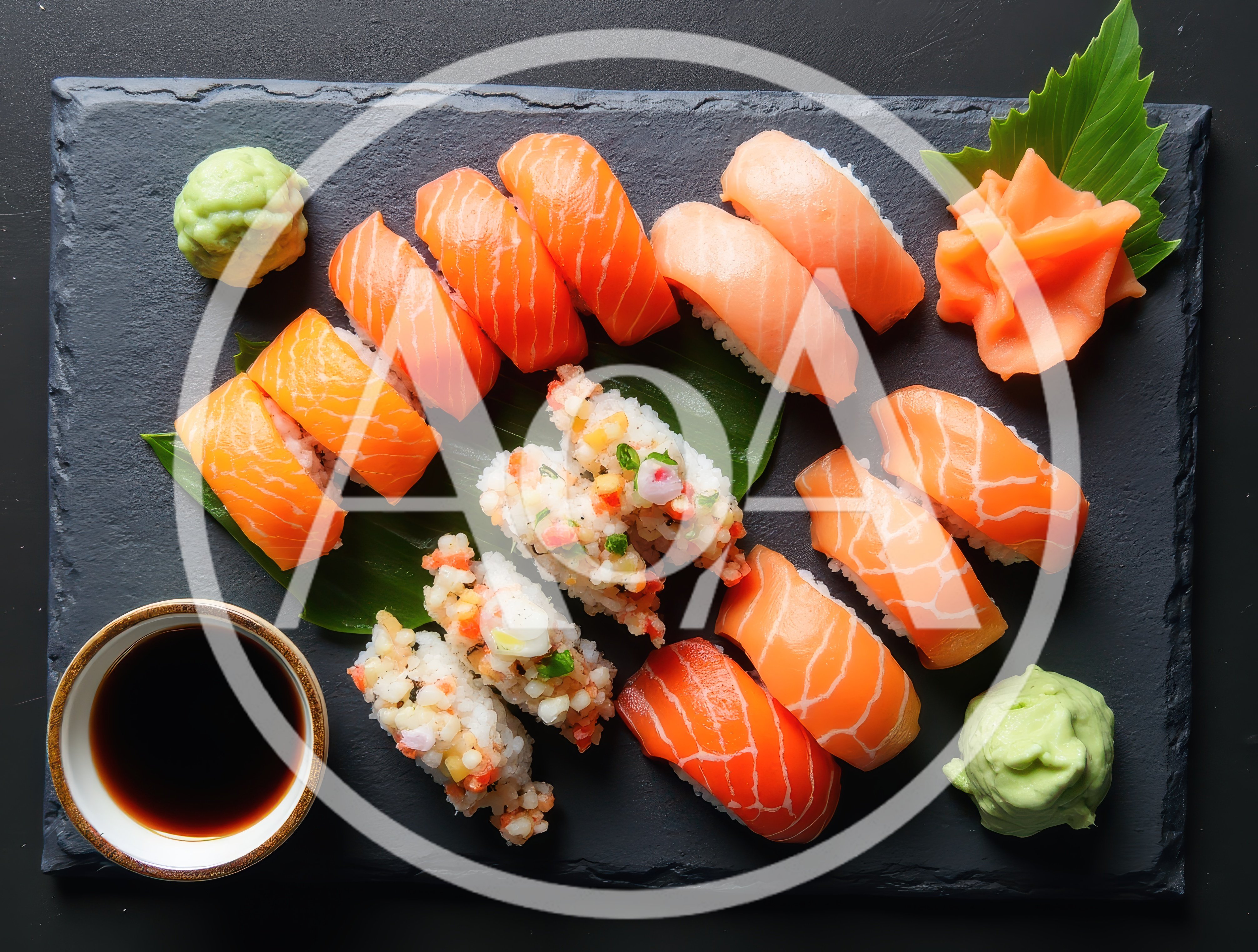 Assorted Salmon Nigiri and Sushi Rolls on Slate