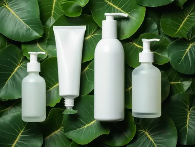 Cosmetic Product Packaging Set on Green Tropical Leaves