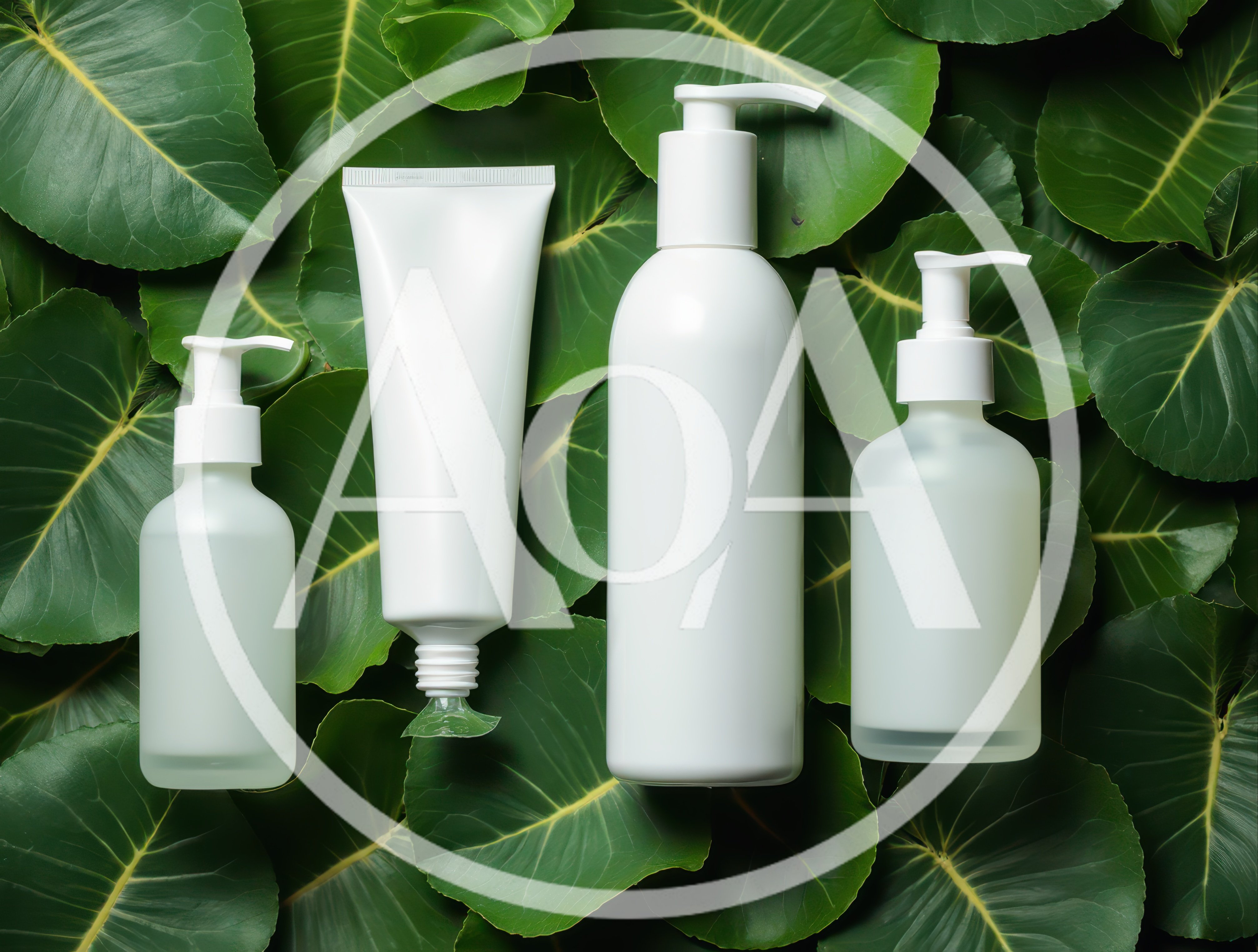 Cosmetic Product Packaging Set on Green Tropical Leaves