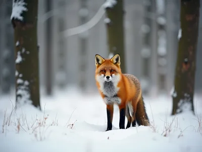 Red Fox Standing In Snowy Forest