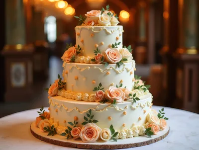 Three Tier Wedding Cake Decorated With Peach Roses