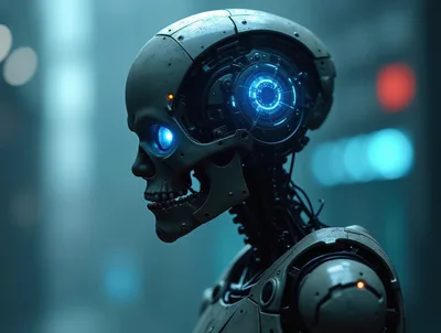 Cybernetic Skull Robot Head With Glowing Blue Optics