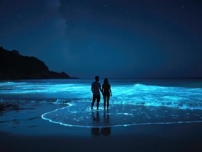 Couple Standing On Beach With Bioluminescent Waves