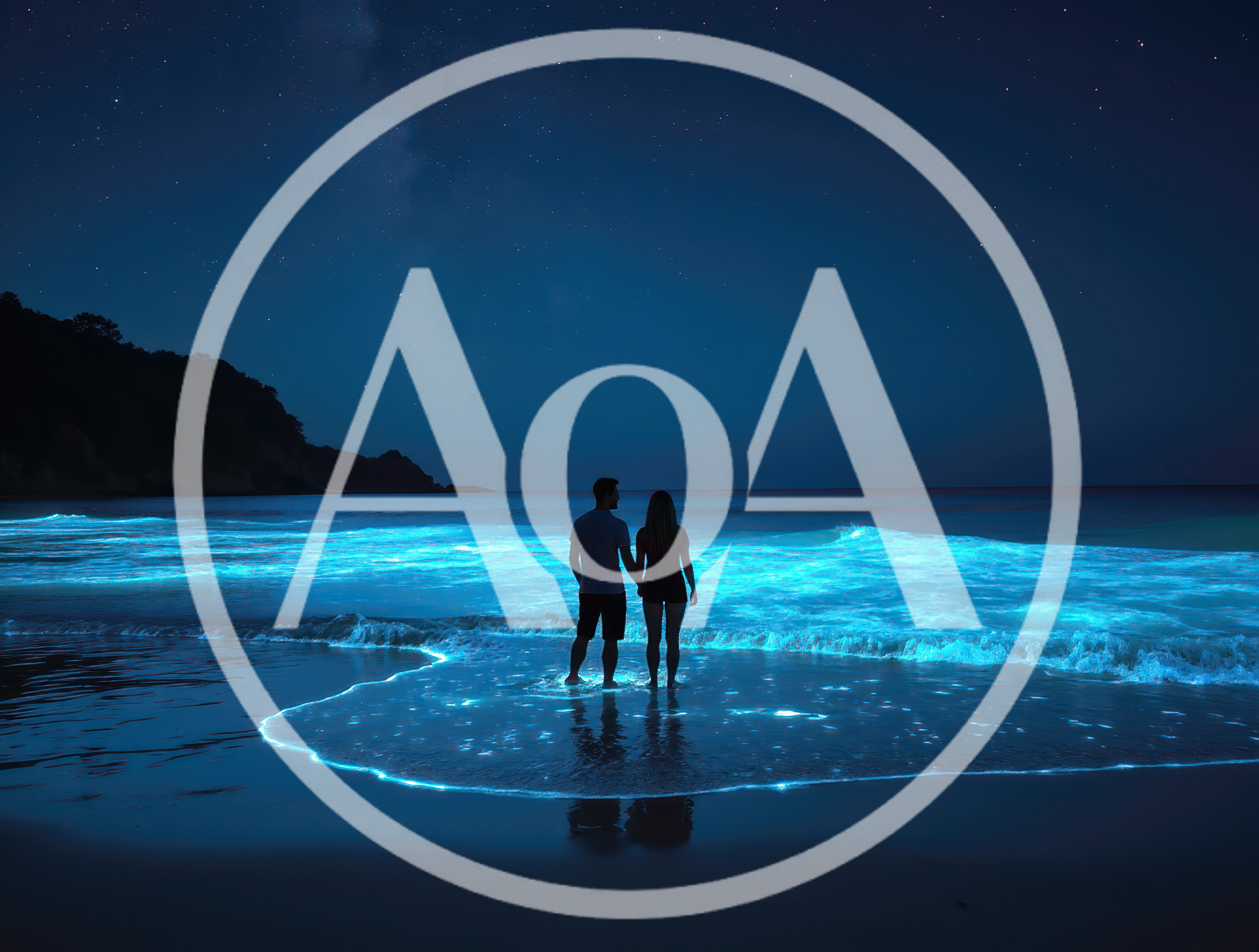 Couple Standing On Beach With Bioluminescent Waves