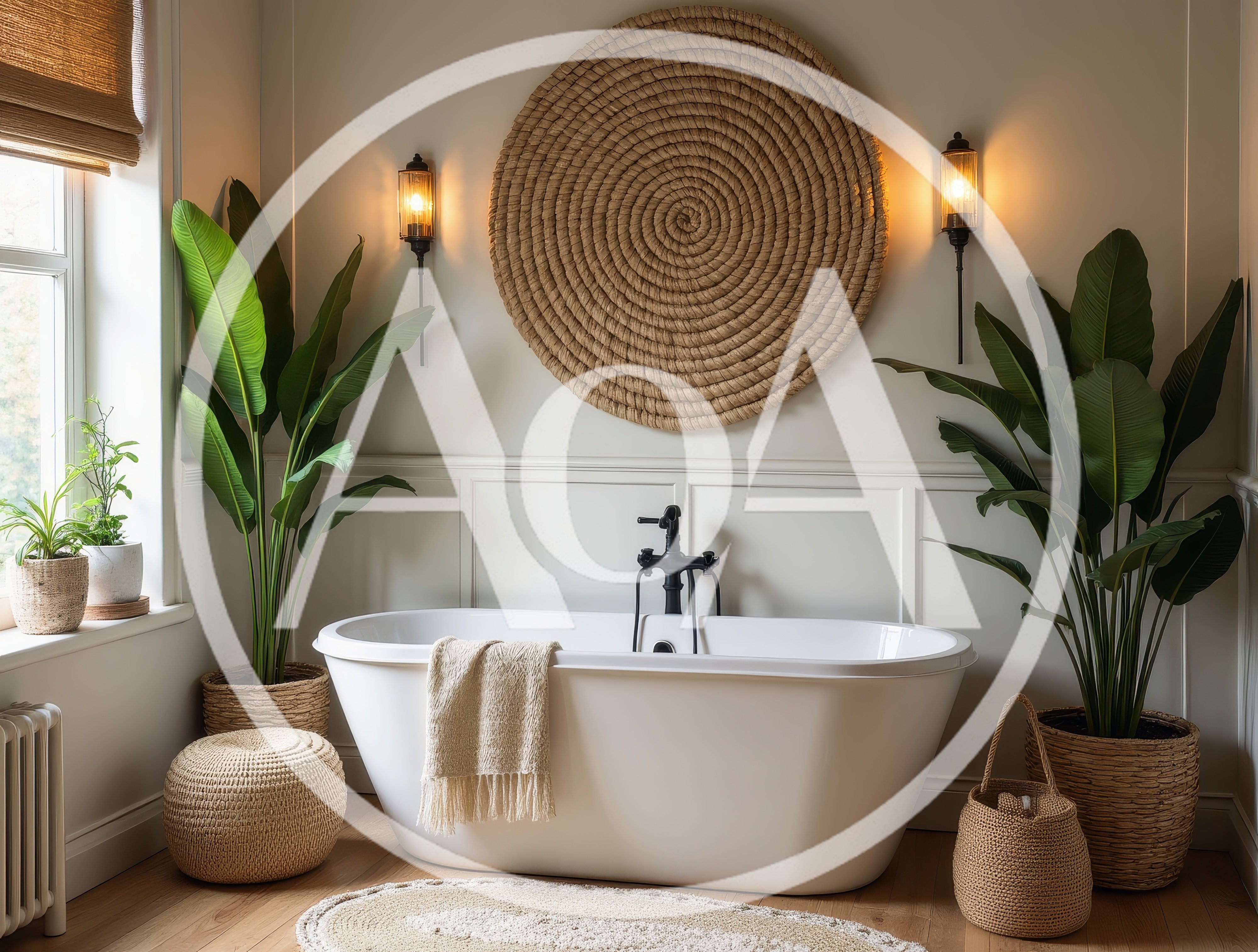 Modern Bathroom Interior With Freestanding Bathtub And Plants