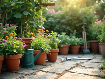 Potted Flowers And Gardening Tools On A Stone Patio