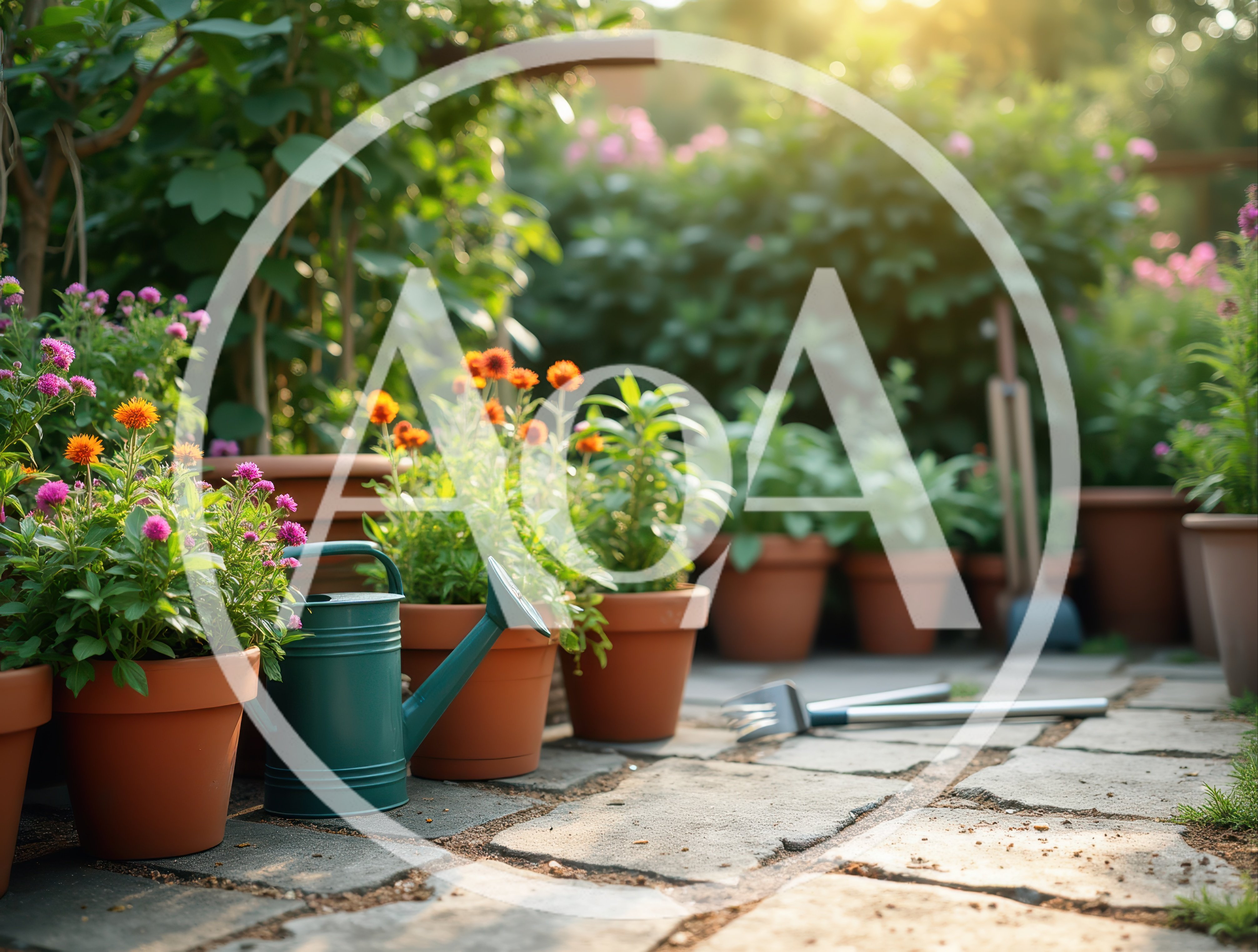 Potted Flowers And Gardening Tools On A Stone Patio