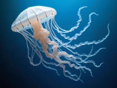 Translucent Jellyfish Swimming In Deep Blue Ocean Water