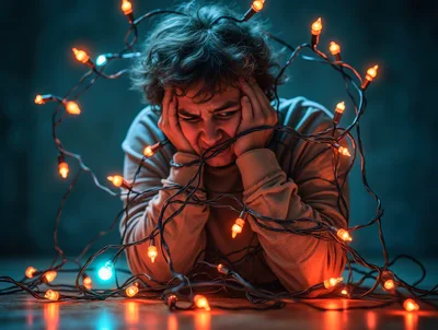 Stressed Person Tangled in Christmas Lights