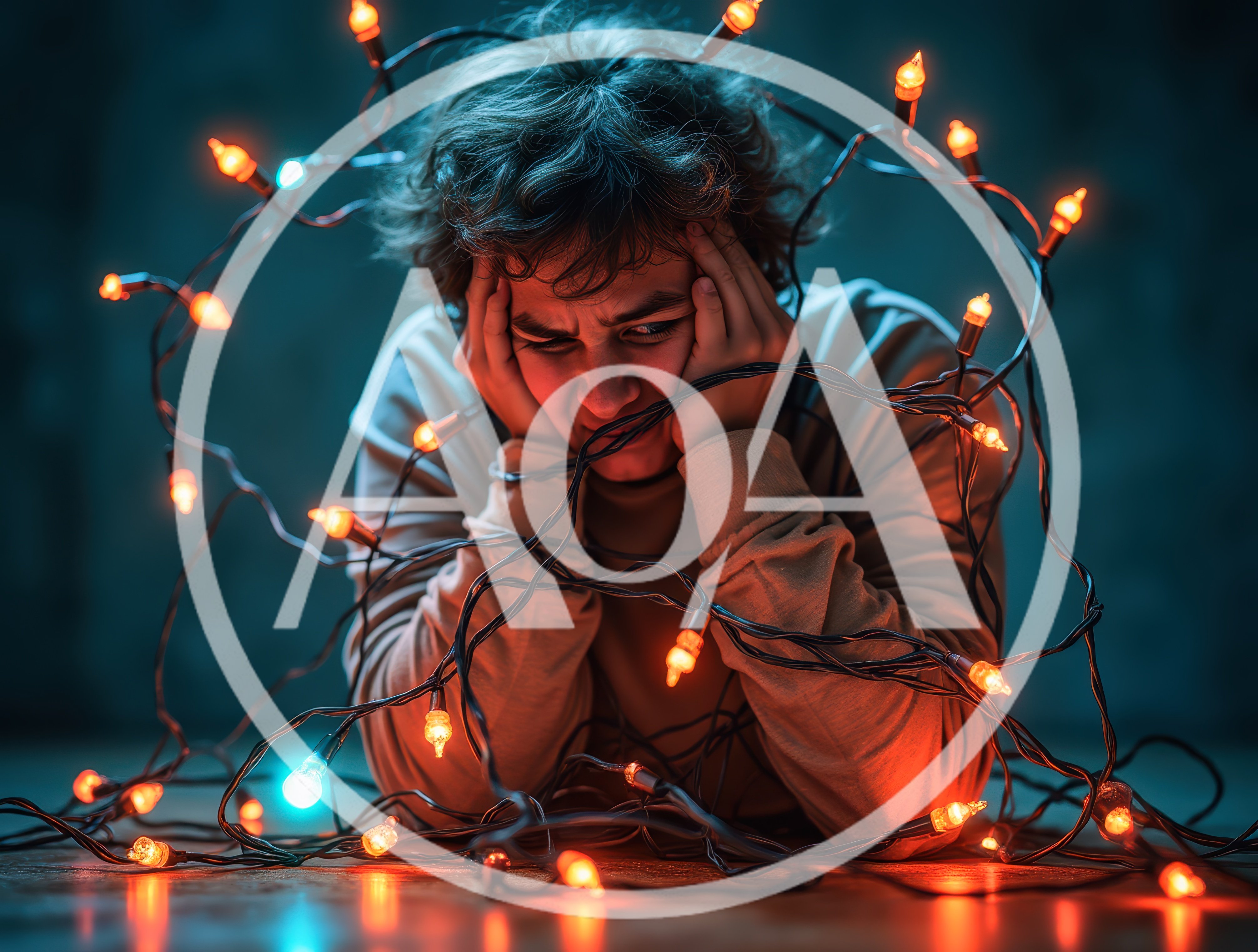 Stressed Person Tangled in Christmas Lights