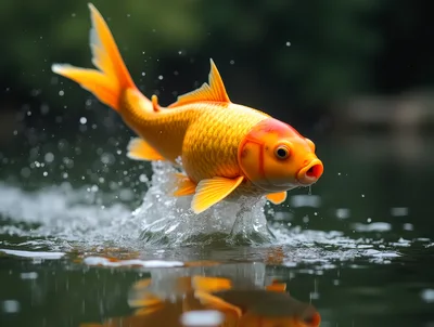Golden Koi Fish Leaping From Water Surface