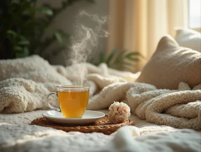 Steaming Cup Of Tea On A Cozy Bed