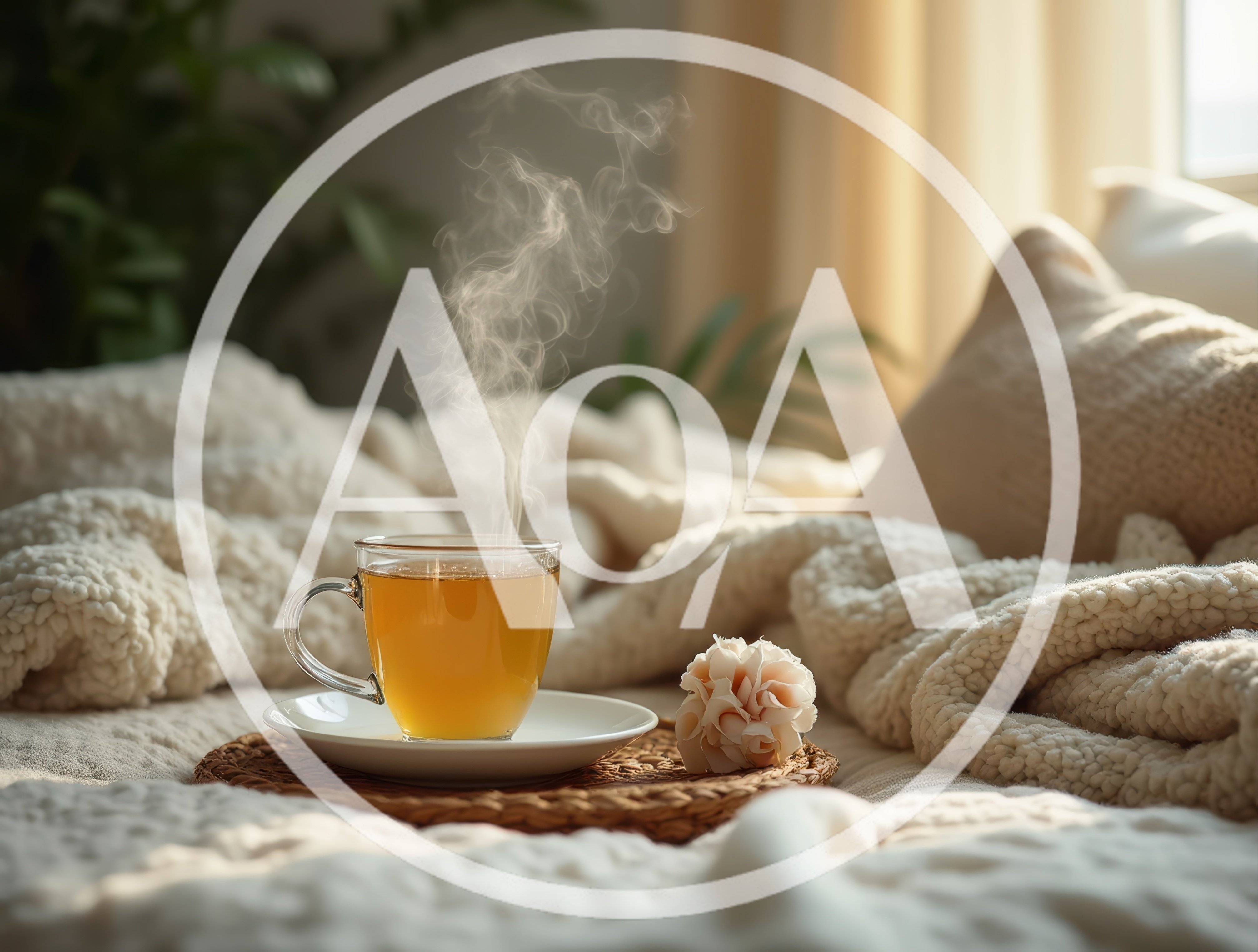 Steaming Cup Of Tea On A Cozy Bed