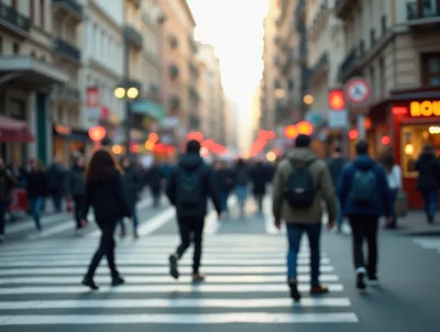 Pedestrians Walking Across A Busy City Crosswalk
