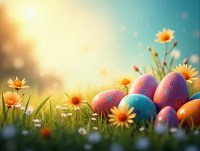 Colorful Easter Eggs Nestled In A Sunny Spring Meadow