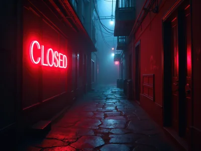 Neon Closed Sign in a Dark Foggy Alleyway