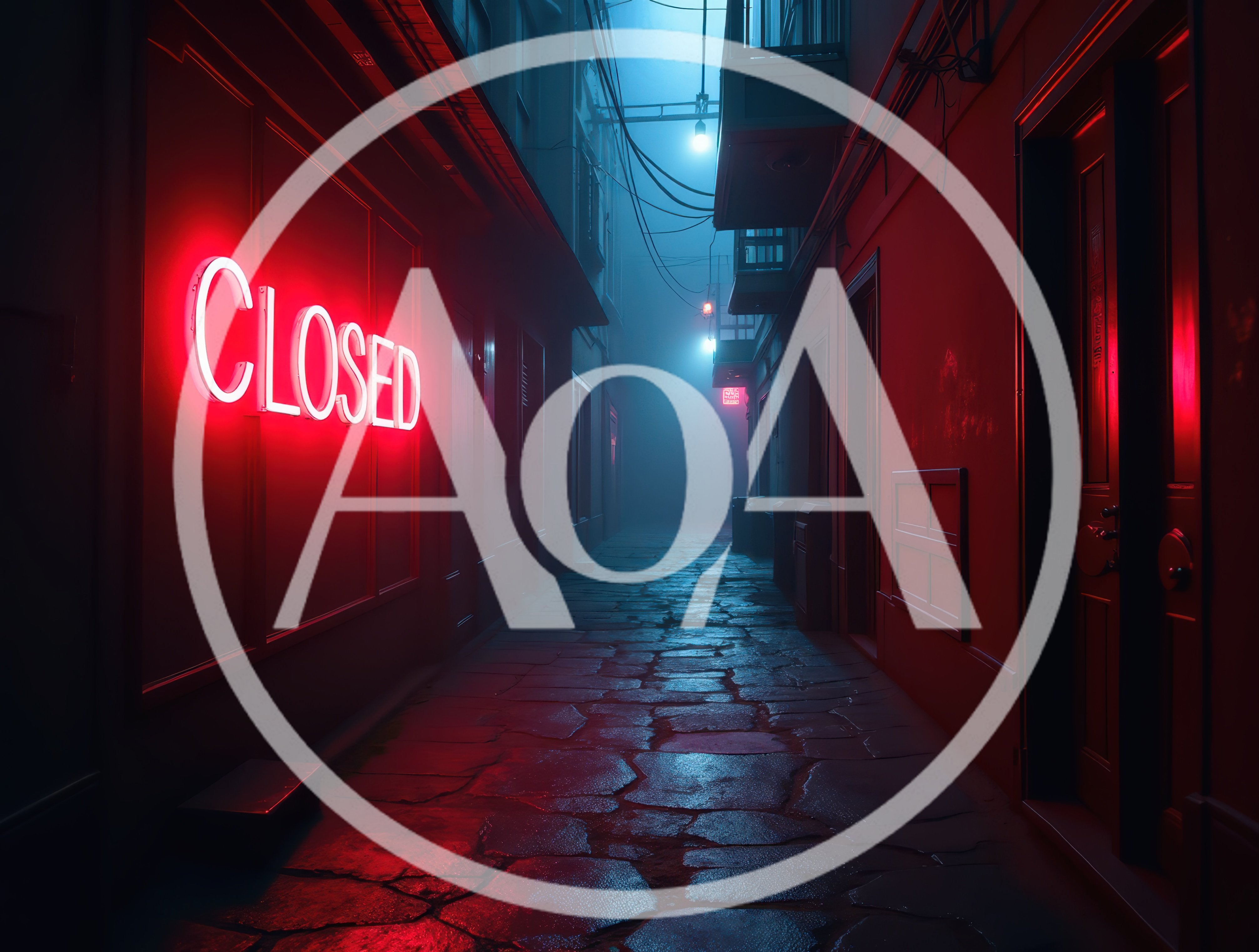 Neon Closed Sign in a Dark Foggy Alleyway